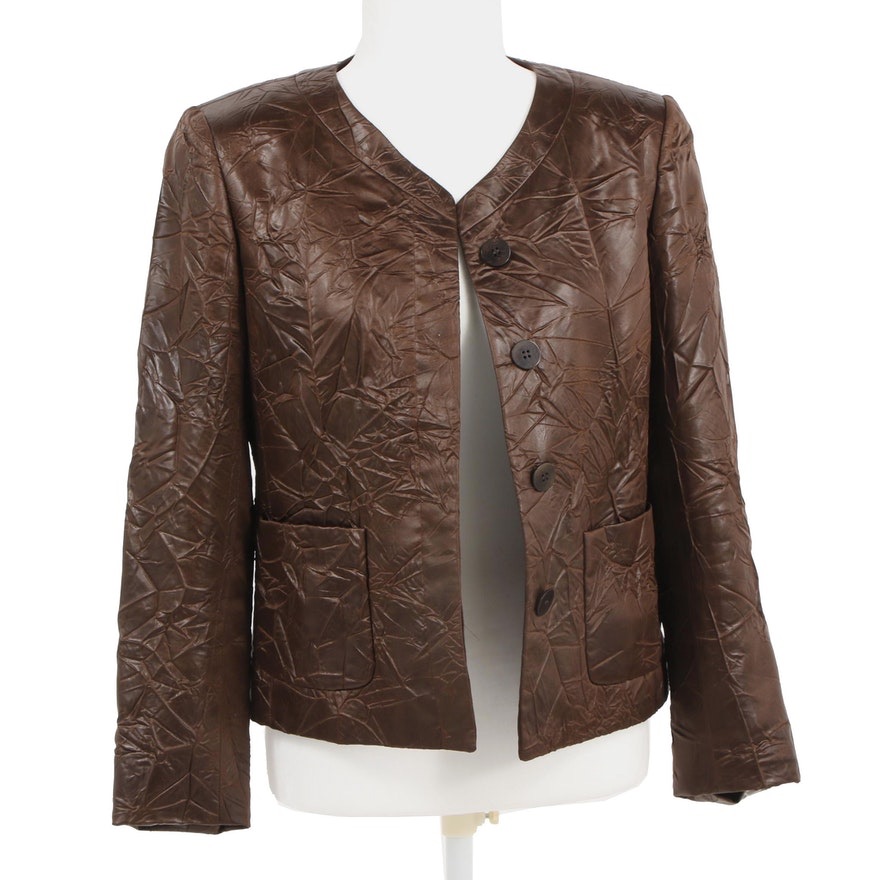 Lafayette 148 Faux Leather Jacket Brown Crinkle Vegan Leather Blazer Bomber